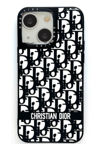 Apple iPhone 15 Kabartmalı Christian Dior Desenli Beyaz Telefon Kılıfı 