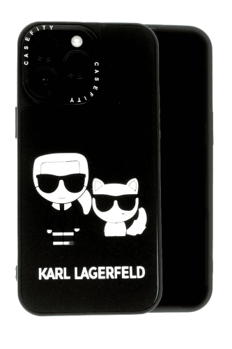 Apple iPhone 15 Kabartmalı Karl Lagerfeld Desenli Siyah Telefon Kılıfı 