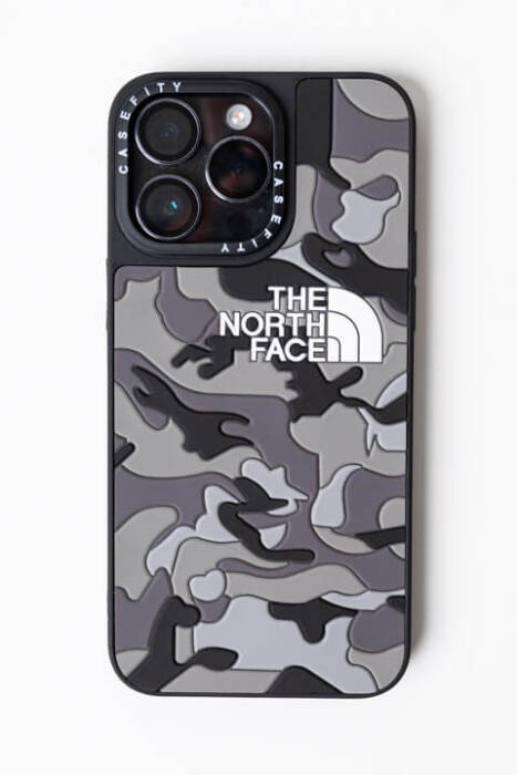 Apple iPhone 15 Pro Kabartmalı The North Face Desenli Gri Telefon Kılıfı - 1